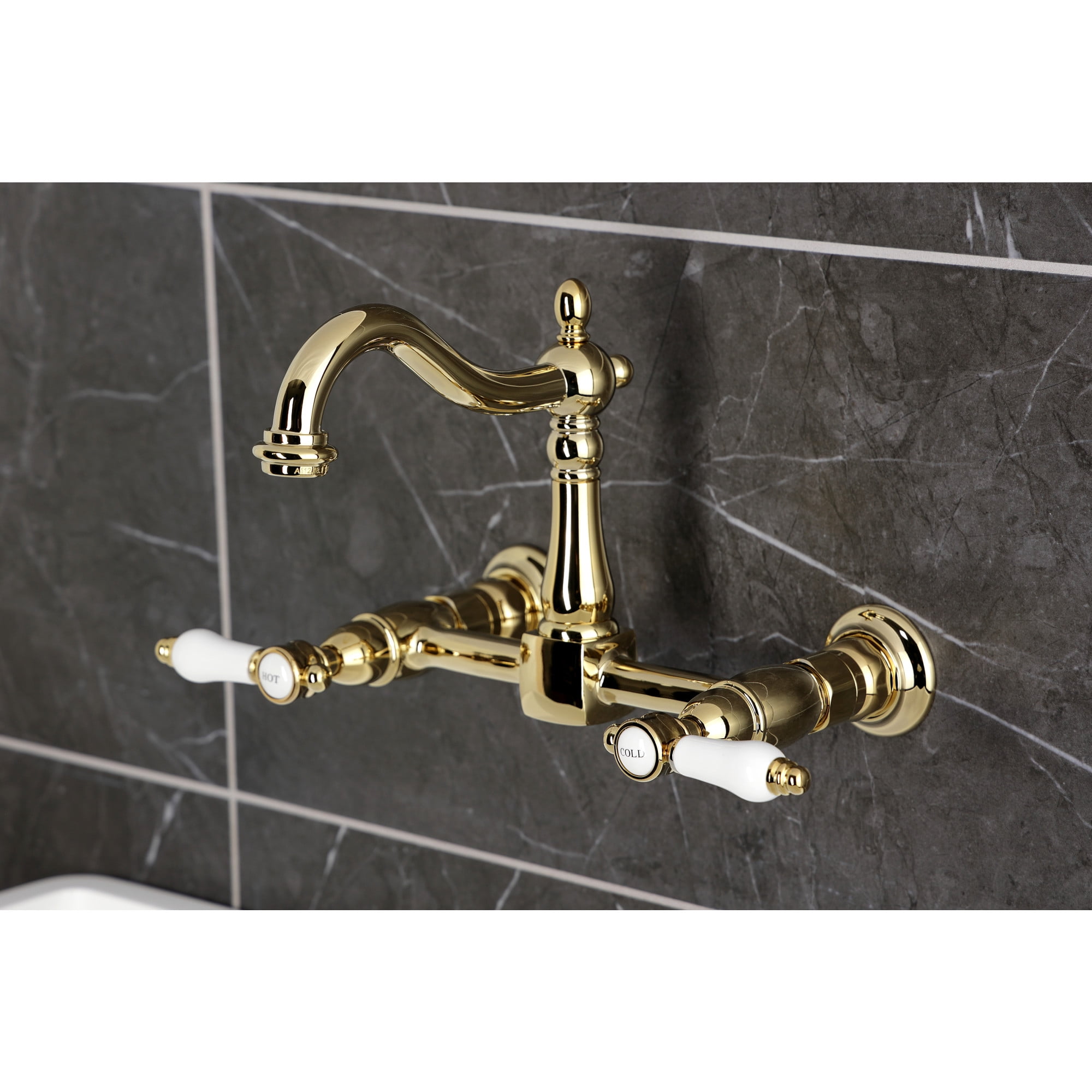 Kingston Brass KS1262BPL Bel-Air Double-Handle Wall-Mount Bridge Kitchen Faucet, Polished Brass