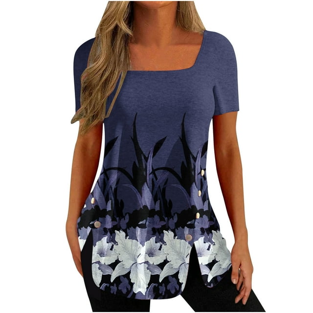 Pompotops Mode Femmes Casual Imprimé Col Carré Manches Courtes Boutons Tops Chemisiers Amples