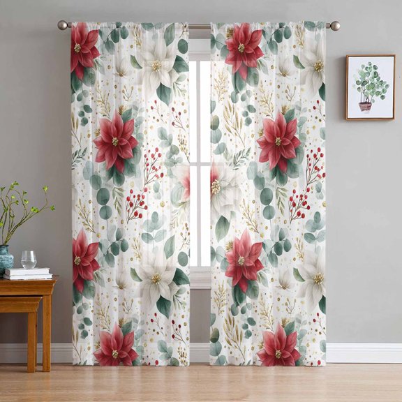 Christmas Sheer Curtains 63 Inches Long, Xmas Botanical Floral Farmhouse Watercolor Light Filtering Window Curtains for Living Room/Bedroom, Rod Pocket Voile Sheer Curtain Drapes, 52"Wx63"L, 2 Panels
