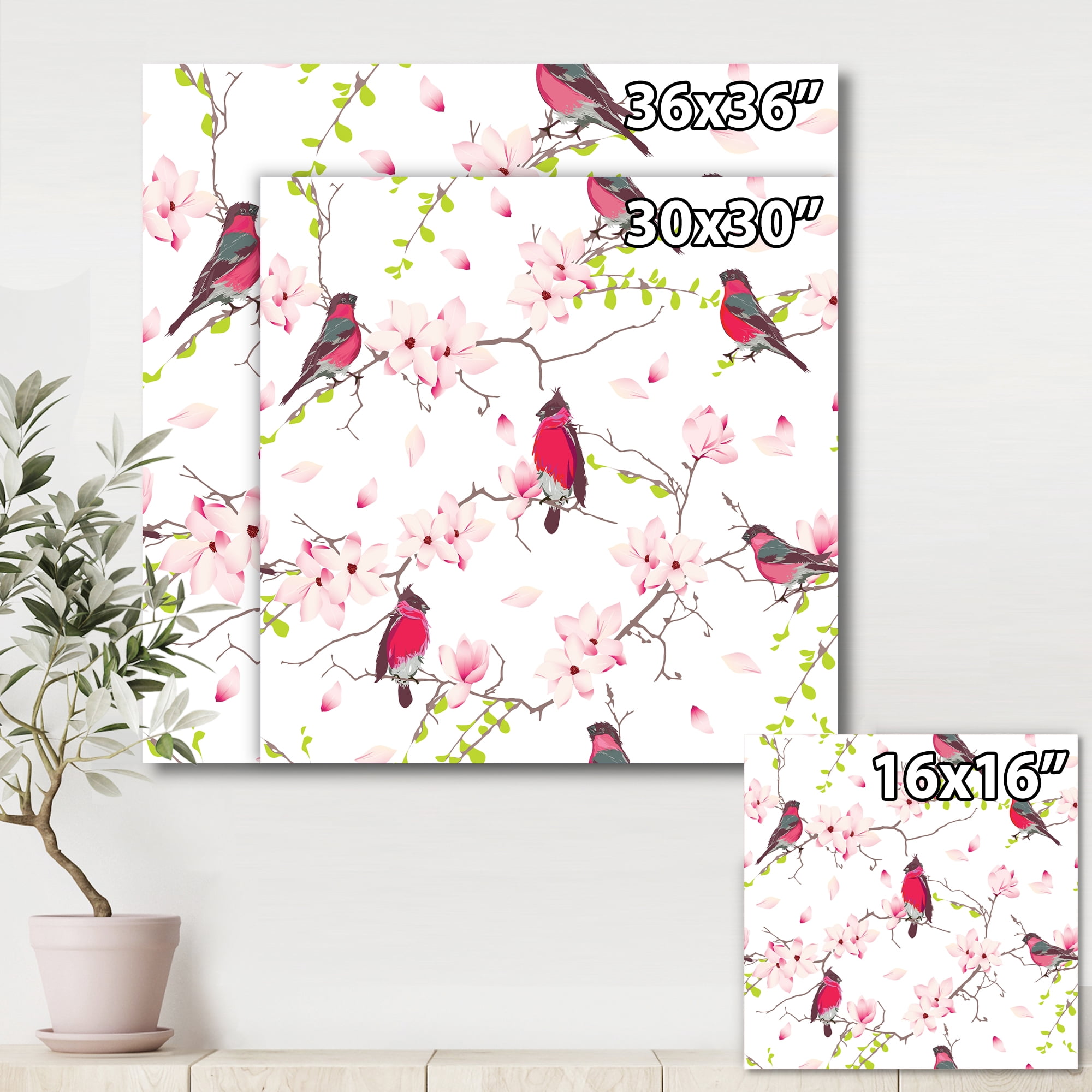 Designart ' Red Bullfinches Sitting On Magnolia Tree ' Traditional Canvas Wall Art Print