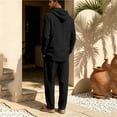thumbnail image 4 of Delconic Mens Linen Blend Two Piece Set Hooded Half Placket Long Sleeve Shirt and Straight Leg Pants Casual Vacation Outfit Black L, 4 of 8