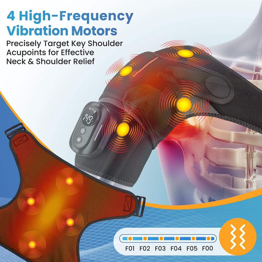 Cordless Heated Shoulder Massager, Shoulder Heating Pad, Shouder Heated Massage Brace with 5 Heating & Vibration, 3 Timing, 2 Extend Straps, Detachable Remote Control, 5000mAh Battery, Gray