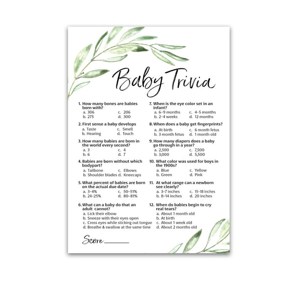 GREENERY Baby Shower Game - BABY TRIVIA Games - Pack of 25 - Fun Baby Facts Games, Floral, Green, Olive Branch Trivia Baby Shower Activity, Greenery, Rustic Gender Neutral Baby Shower Games,