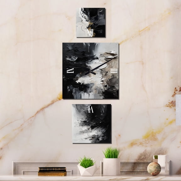 Designart "Textured Splash Black Paint Art III" Abstract Oversized Wall Clock - Set Of 3 - Multipanel Contemporary Clock For Living Room Décor - Large Vertical Clock