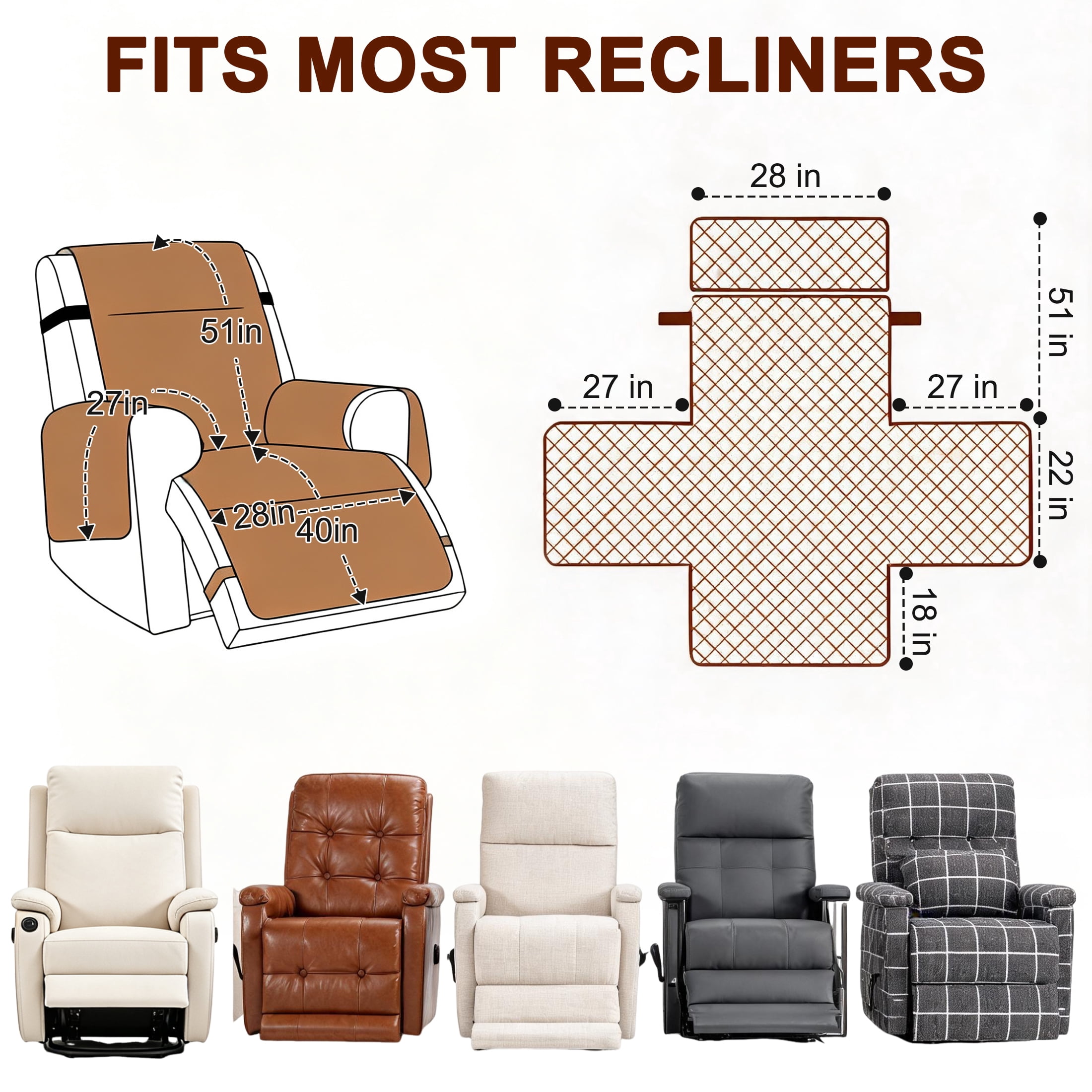GARITIN Recliner Chair Cover, Non‑Slip Quilted Recliner Protector with Storage Pockets, Water Resistant Pet Furniture Slipcover