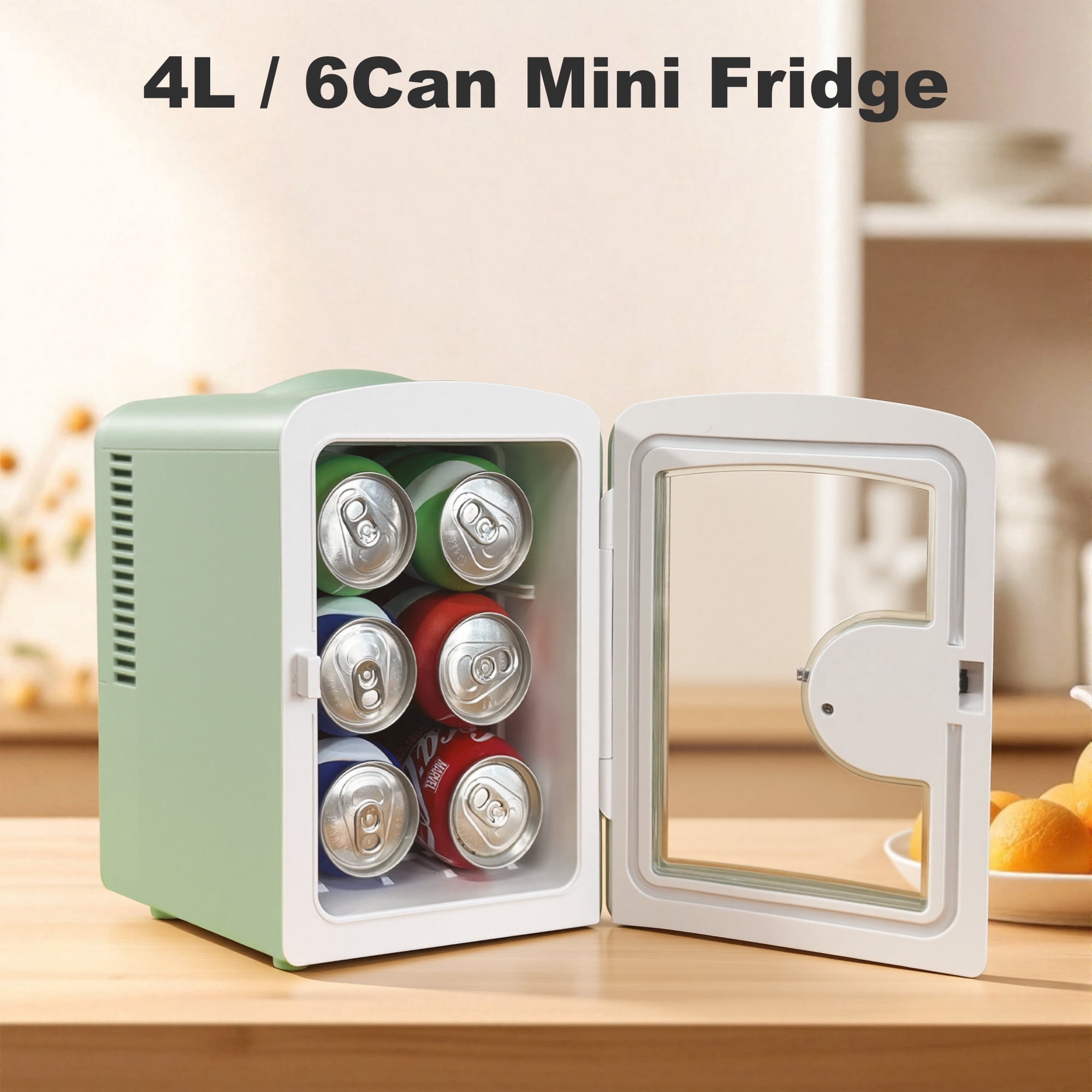 iceBlue 4L Mini Fridge for Cosmetics and Drinks, Car/Home Use (Green), Skincare Refrigerator, Transparent Window and Retro Chrome Handle