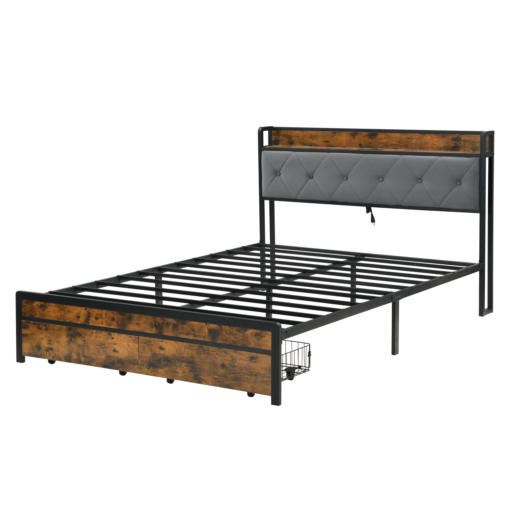 Leumius Queen Size Bed Frame with LED Lights, Metal Platform Bed with Upholstered Headboard & 2 Drawers, USB & Charging Station, Queen
