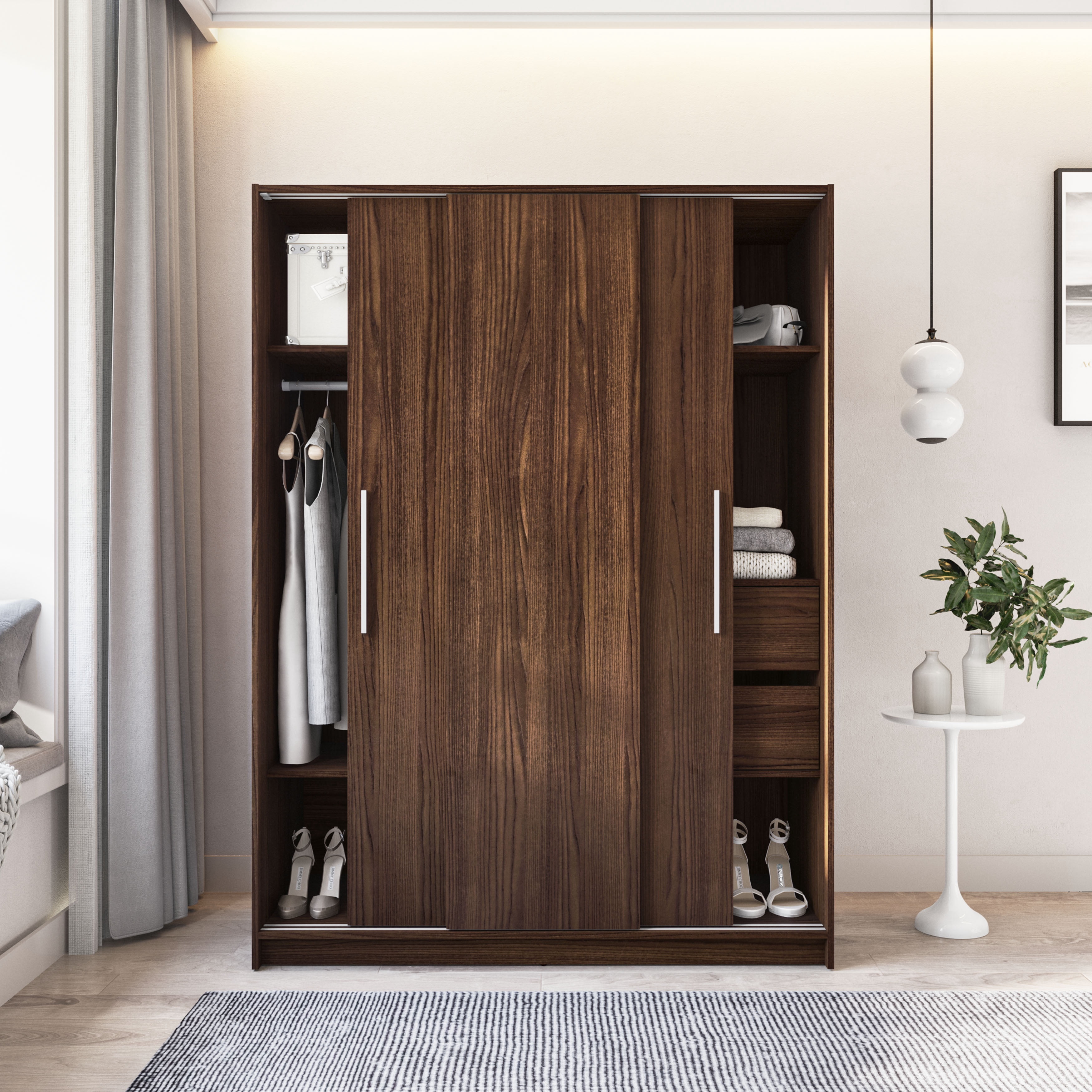 Polifurniture Denmark 71 in. Modern Bedroom Armoire with 3 Sliding Doors, 2 Drawers, Shelves & Hanging Rod, Walnut