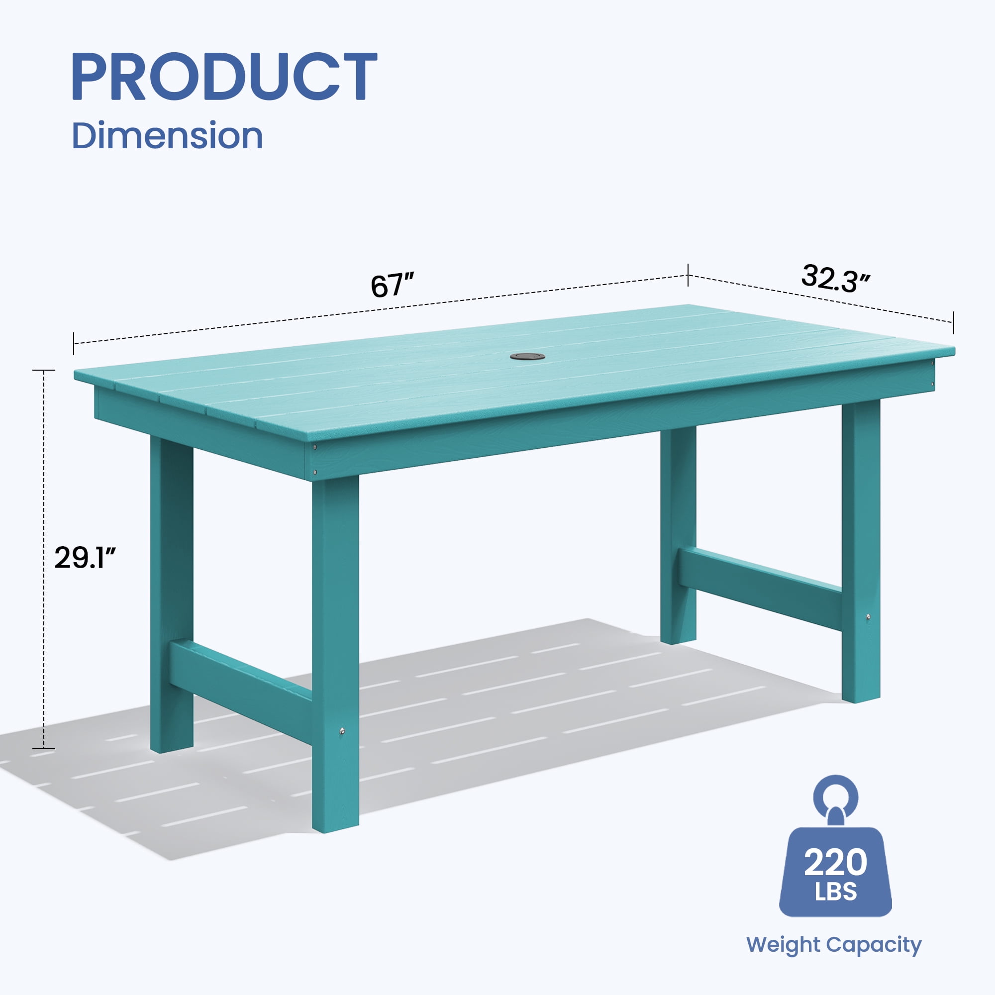KINGYES All Weather Outdoor Dining Table with Umbrella Hole, HDPE Rectangular Patio Table for Backyard, Garden, Porch, Deck, Aruba Blue