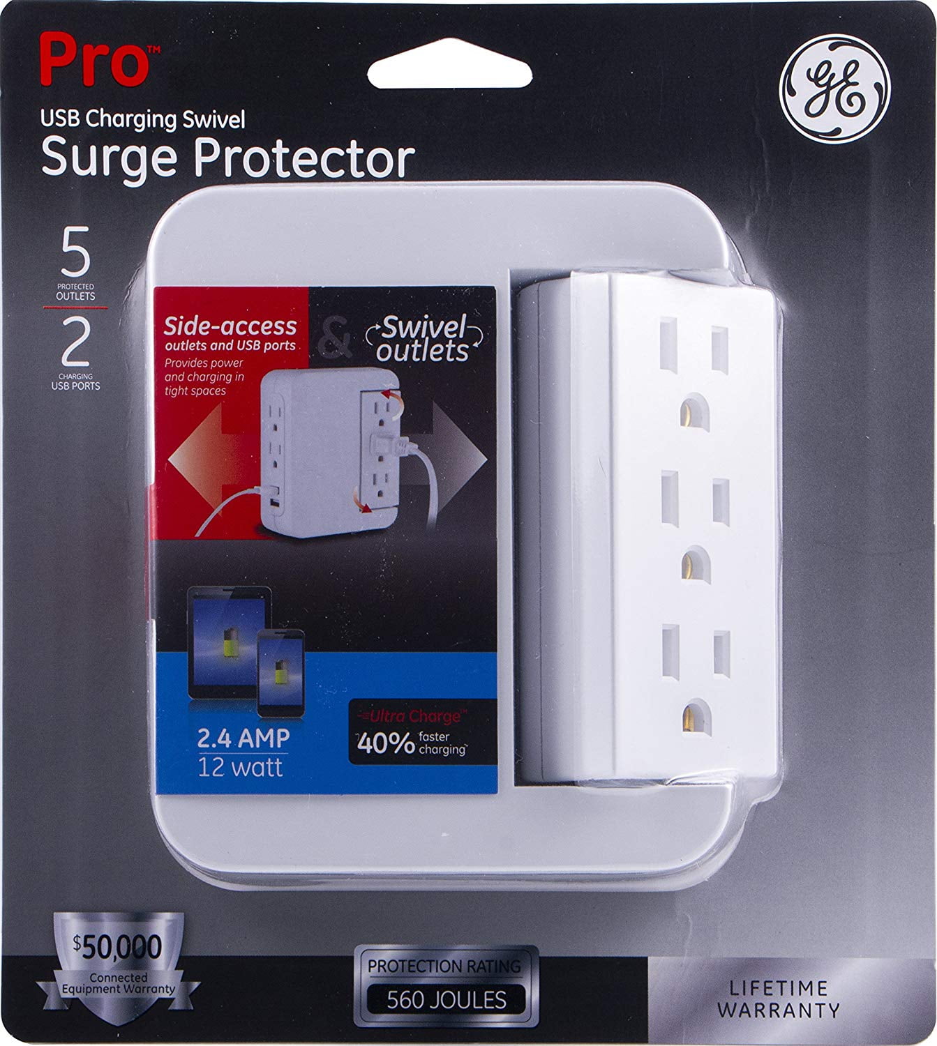 GE 5-Outlet 2 USB Port Surge Protector Swivel Wall Tap, White - 39429