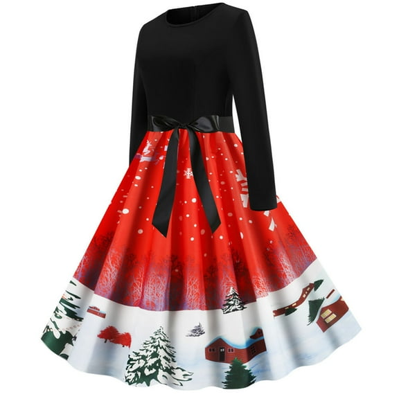 Fesfesfes Women Gowns Patchword Vintage Rockabilly Dress Dresses Christmas Bow Party Dress Under $10