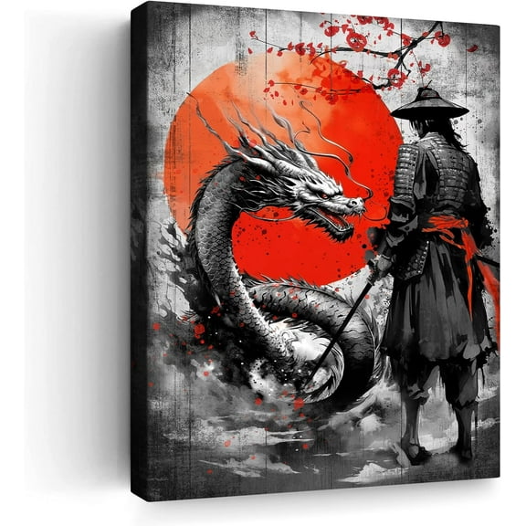 Aaheei Japanese Wall Art Samurai and Dragon Canvas Art Japanese Wall Decor with Red Sun Background Black and White Warrior Print Asian Anime Artwork Modern Home and Office Decor