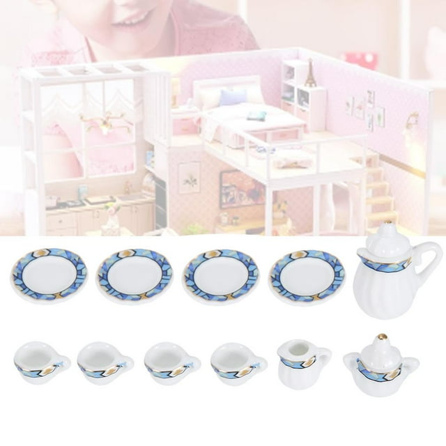 Greensen Porcelain Tea Miniature,1:12 Dollhouse Kitchen Miniature 15pcs Porcelain Flower Tea Cup Set Decor Collection, Tea Dollhouse Miniature
