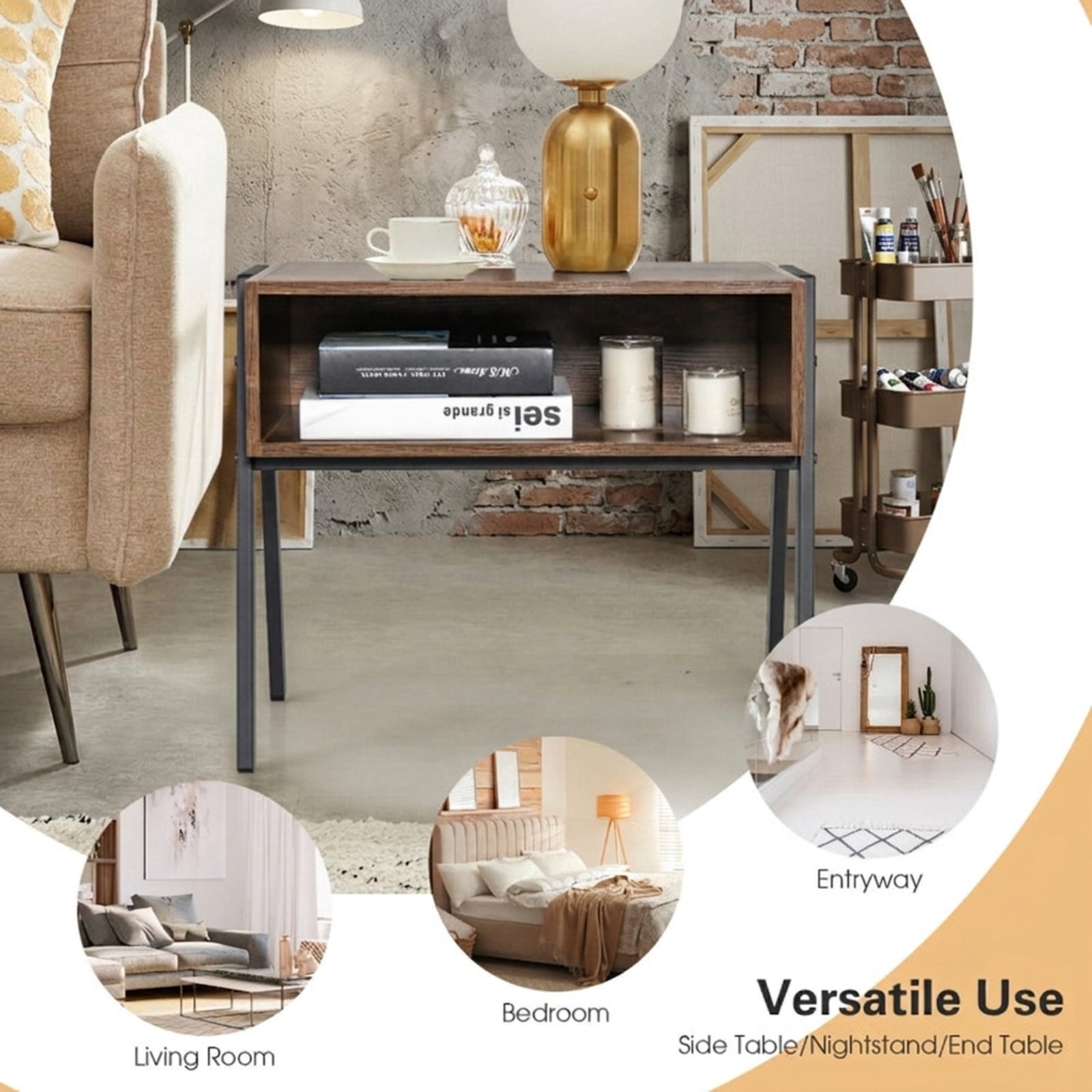 Furnibear 1 Piece Stackable Night Stand Shelf Accent Table with Metal Frame for Bedroom Living Room Bedside Sofa Side Small Space, Coffee