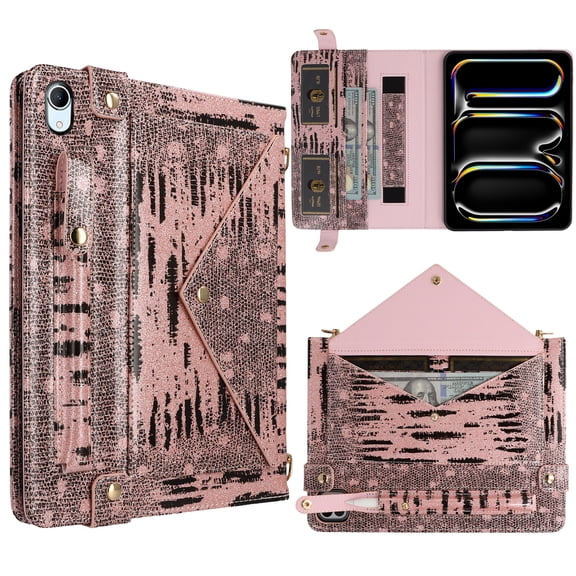 Decase Luxury PU Leather Case for Apple iPad (A16)11th/iPad 10th Gen 2025/2022,Fashion Flip Wallet Stand Cover with Shoulder Strap Pen Slot,Pink