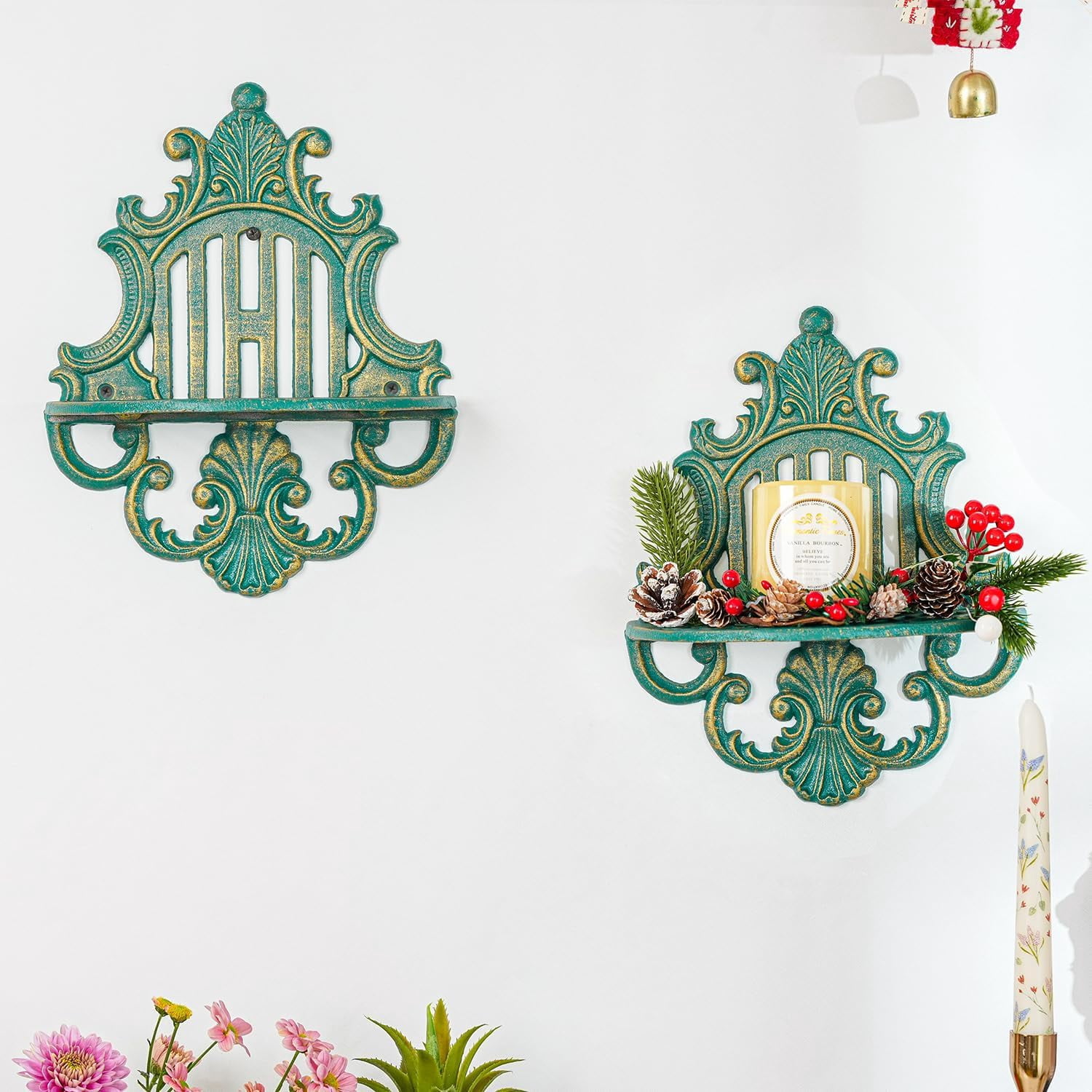 Sungmor Gothic Floating Shelves Cast Iron Wall Mounted Decor, Green, 9.4" 2-Count