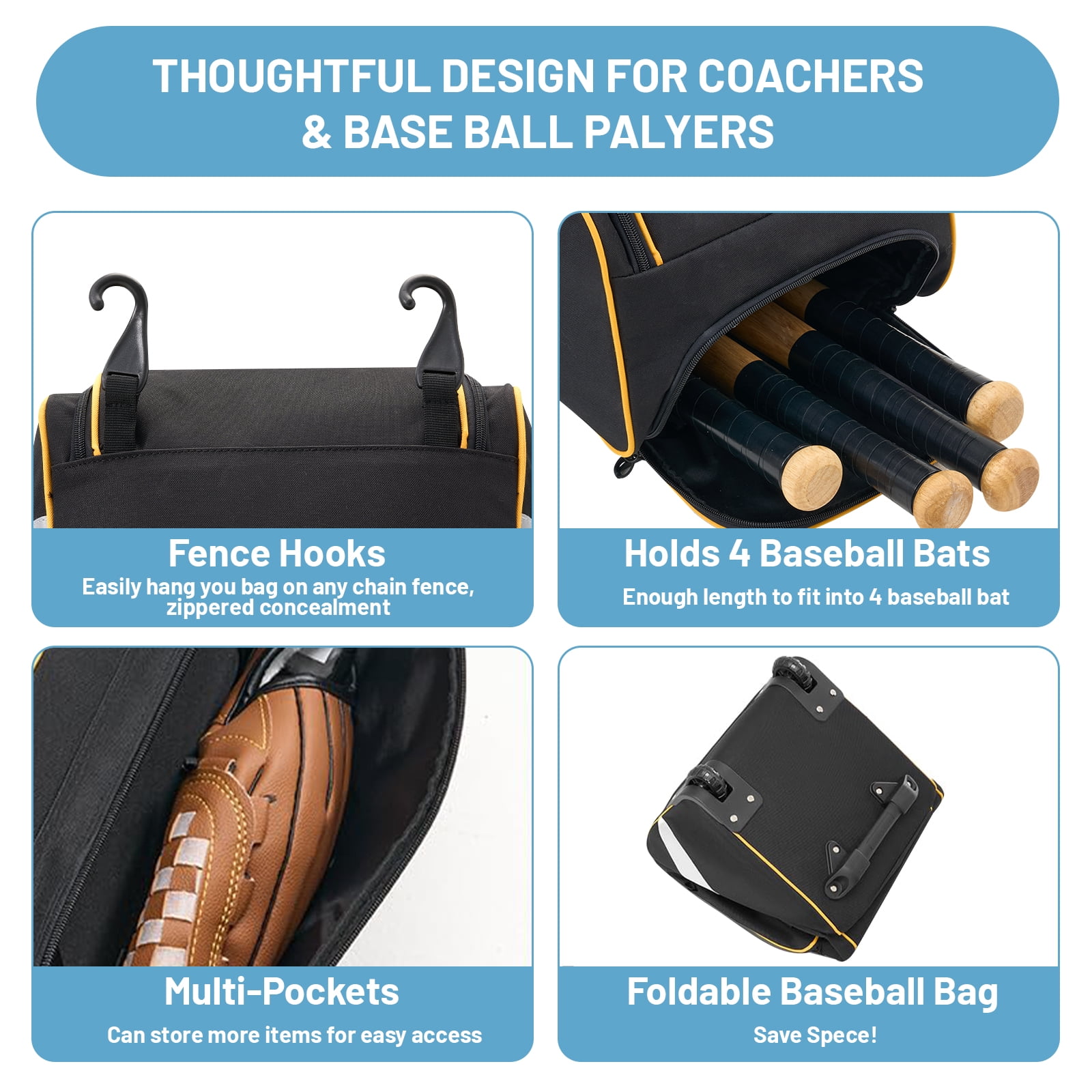 Large Catcher Gear Bag With Wheels, Soft Rolling Baseball Bag for 4 Bats, Portable Baseball Catcher Bag With Wheels, Multi-Pockets, Fence Hook, Holds All Softball Baseball Equipment (36x12x12inch)