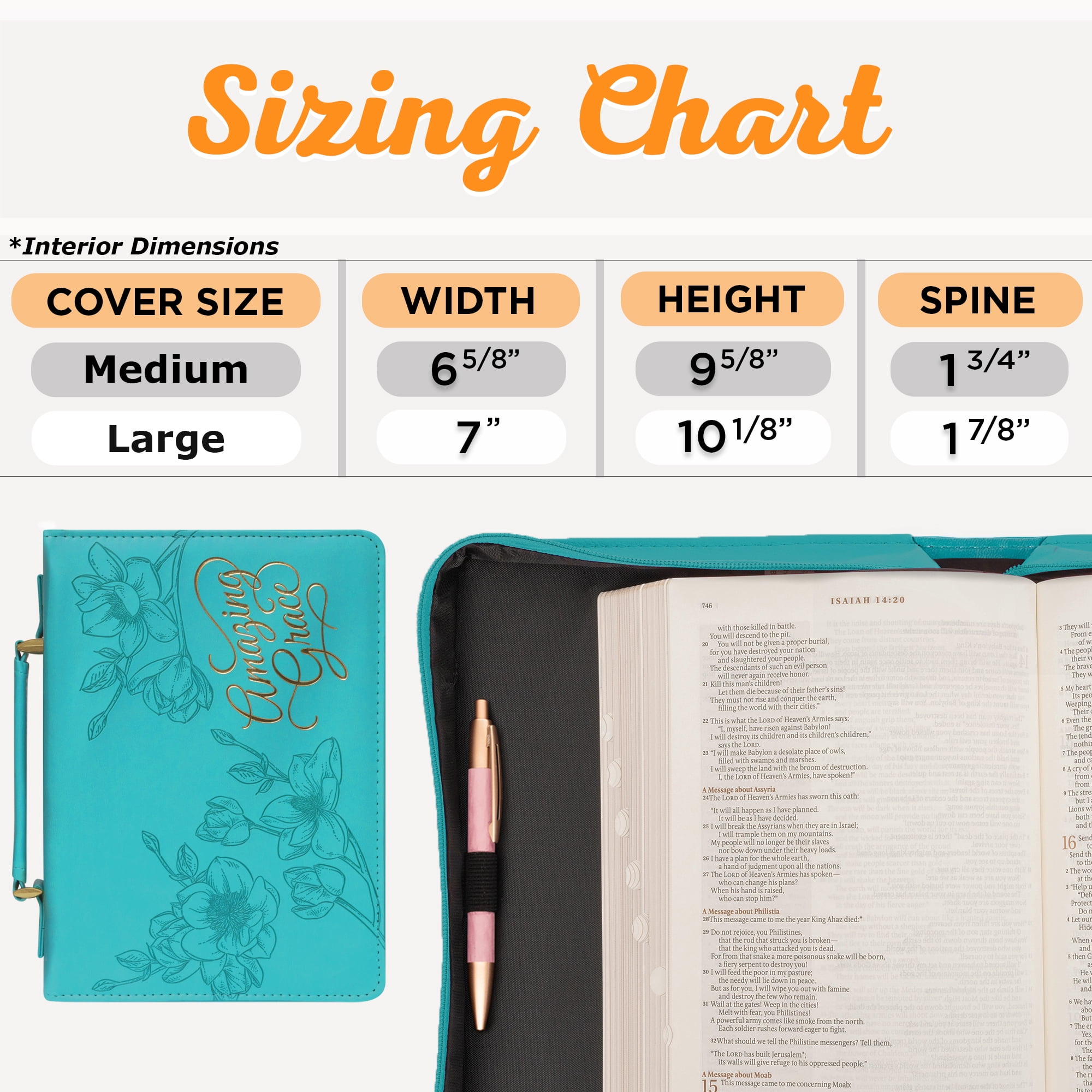 Christian Art Gifts Protective Teal Flower Faux Leather Bible Cover Carry Case with Handle for Women: Amazing Grace - Inspirational Song and Hymn Zippered with Pocket, Medium