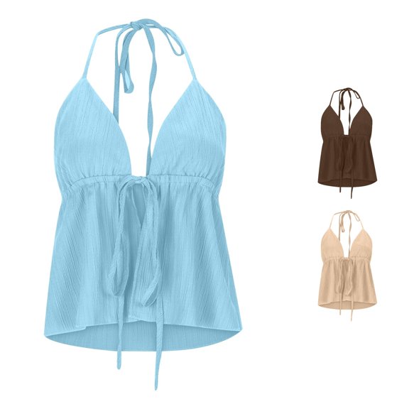 Gunia Summer Tank Tops For Women Summer Fashion Casual Solid Color Lace Up Jacquard Drawstring Back Suspenders Top Cami Tops For Women Blue