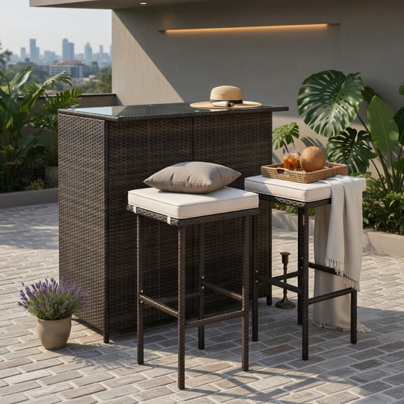 Hommoo 3-Piece Outdoor Bar Set with Tempered Glass Table & 2 Cushioned Stools, PE Rattan Patio Furniture with 2-Tier Storage, Brown