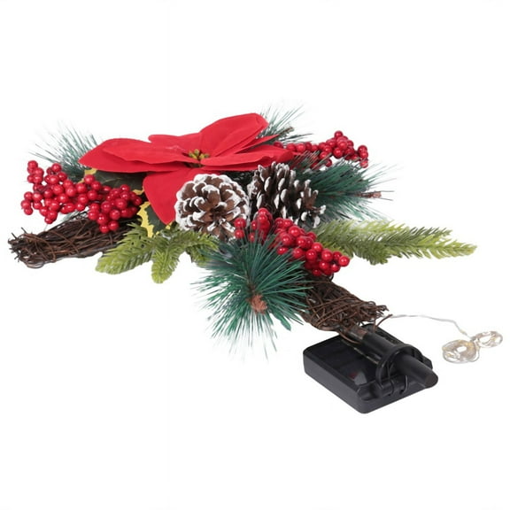 Christmas Stake, Solar Powered with Fairy Lights, Metal , Natural Rattan, Red Poinsettia & Berries