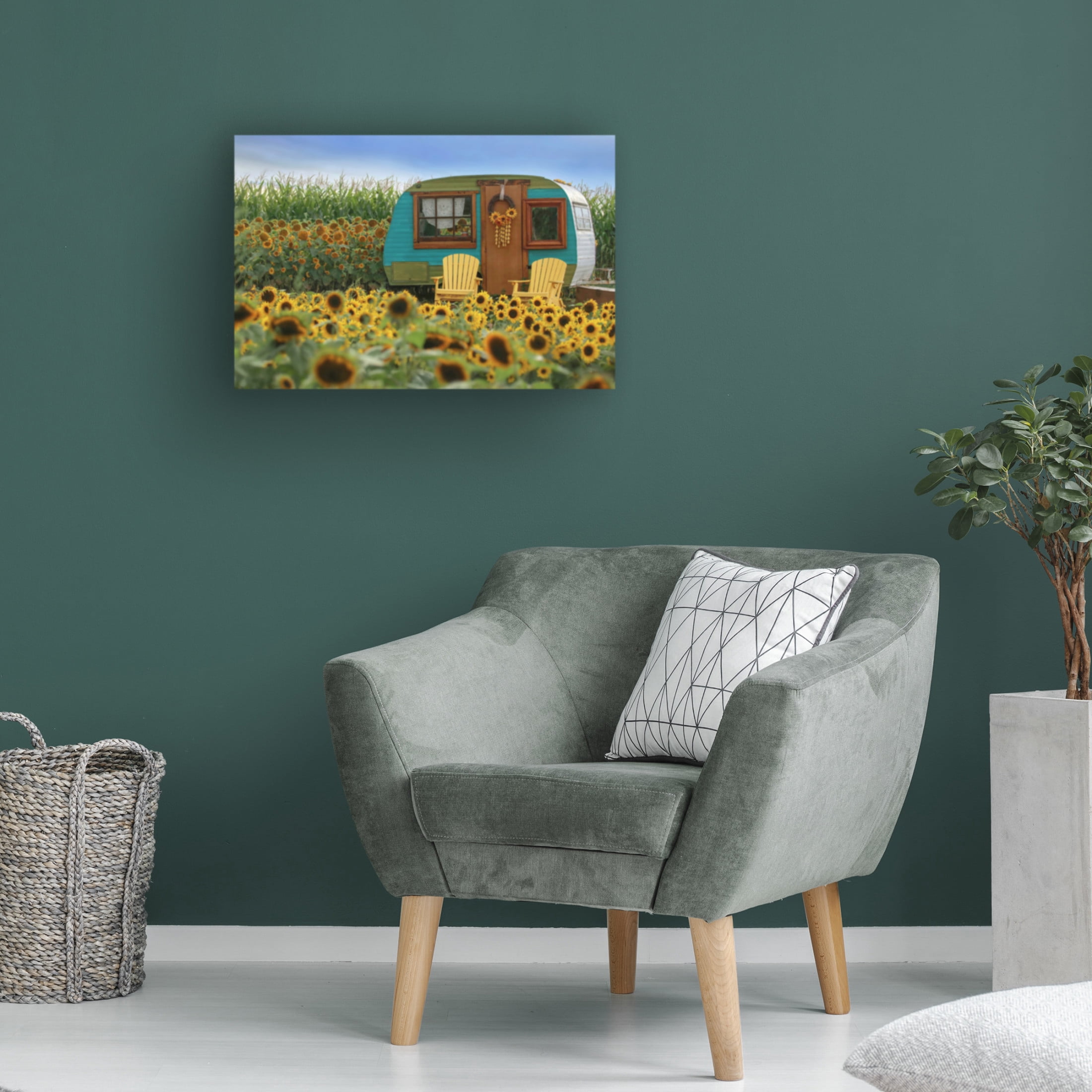Canvas Wall Art - Carrie Ann Grippo-Pike 'Vintage Camper and Sunflowers 2' Wall Art for Living Room, Bedroom, or Office Décor by Trademark Fine Art - 32 x 22 Inches