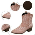 thumbnail image 5 of Womens Retro Cowboy Boots Vintage Suede Embroidered Wide Mid Calf Cowgirl Boots Chunky Heel Slip on Short Dress Booties for Winter Fall Pink Size 8, 5 of 7