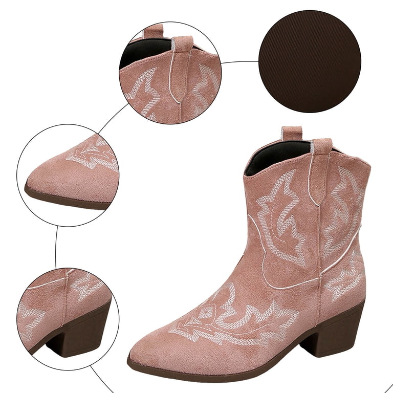 princess polly baby blue dress Womens Retro Cowboy Boots Vintage Suede Embroidered Wide Mid Calf Cowgirl  Boots Chunky Heel Slip on Short Dress Booties for Winter Fall Pink Size 8.5