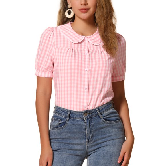 Blusa de manga corta con cuello Peter Pan en contraste para mujer Inspire Chic, top de cuadros, color rosa