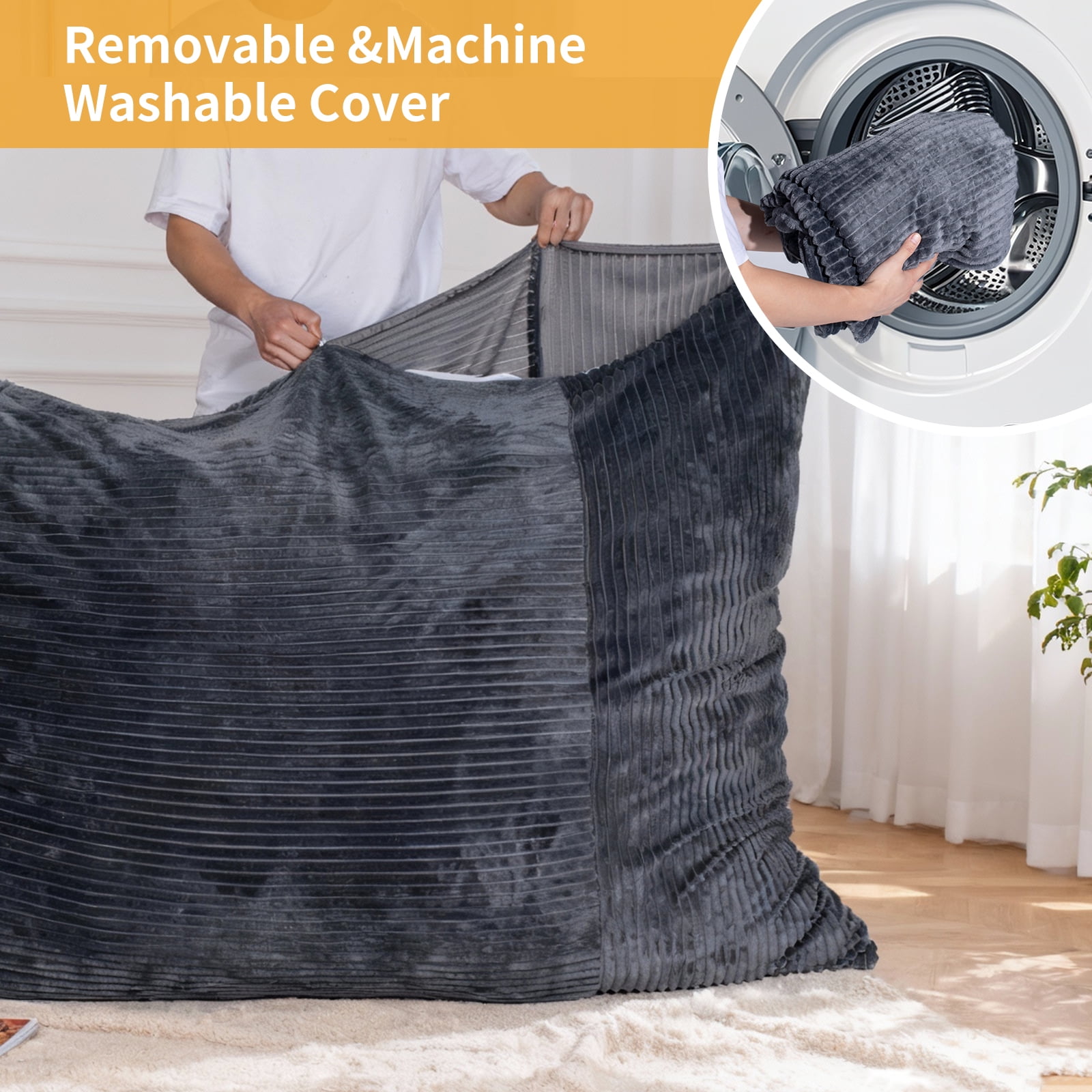 Nalone 4-in-1 Large Bean Bag Chair for Kids Adults - 6.4 FT Memory Foam Filled Convertible Lounger, Giant Children Furniture with Removable Washable Cover for Bedroom, Living Room, Office (Gray)