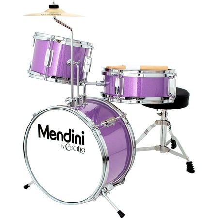 Mendini by Cecilio 13 inch 3-Piece Kids/Junior Drum Set with Throne, Cymbal, Pedal & Drumsticks (Purple Metallic)