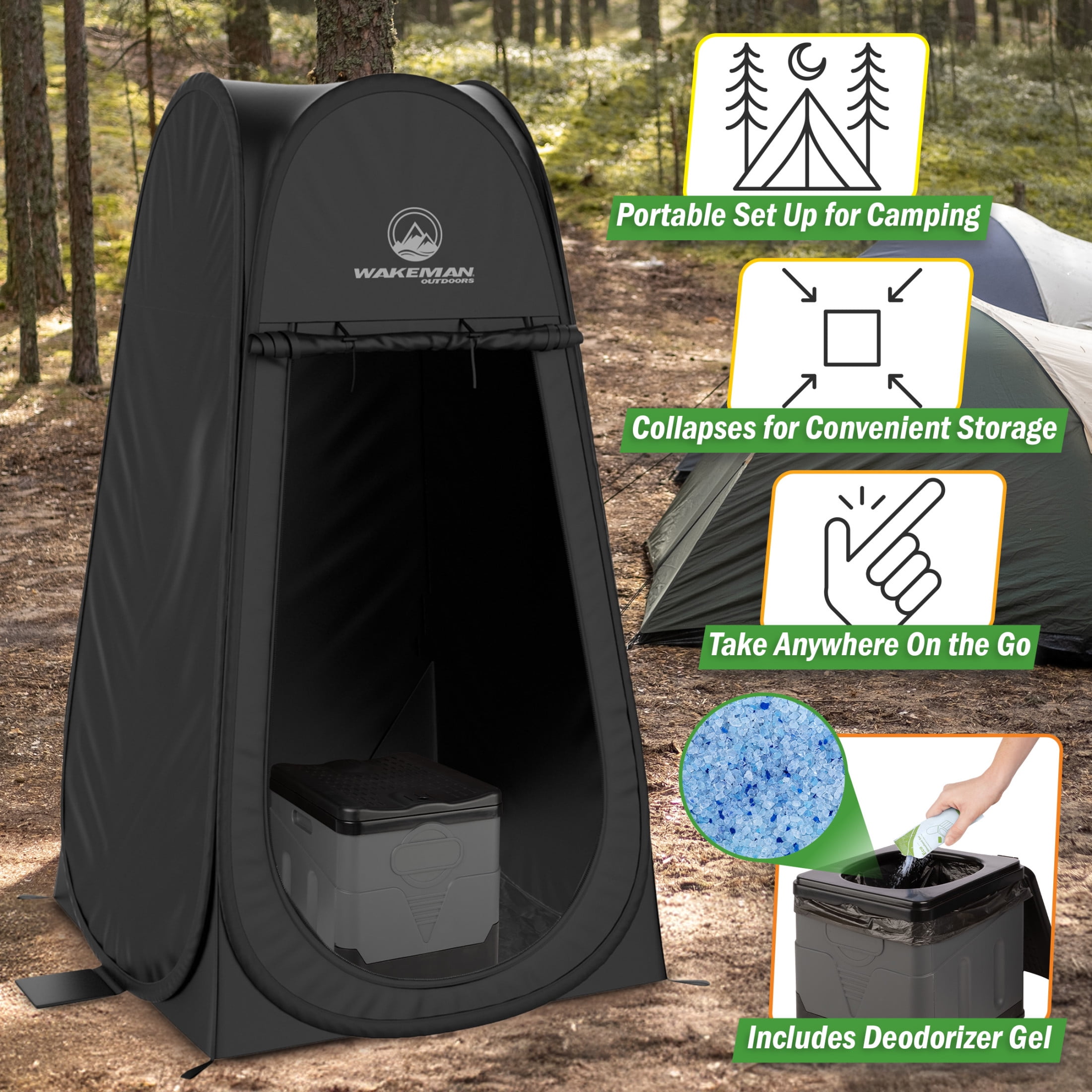 Wakeman Outdoors Camping Toilet Set - Pop Up Privacy Tent and Portable Toilet for Adults, Black