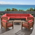 thumbnail image 2 of GDF Studio Cascada Outdoor Acacia Wood 11 Seater Sectional Sofa and Club Chair Chat Set with Cushions, Teak and Red, 2 of 14