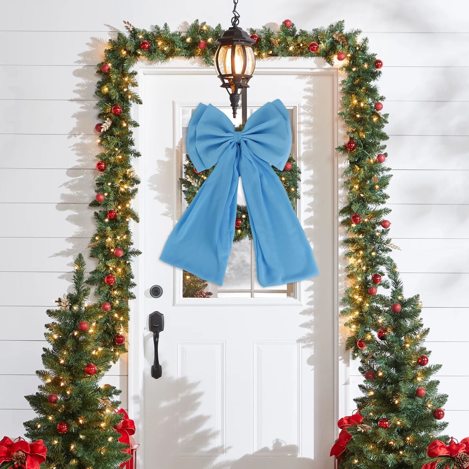 Blue Festive Oversized Bow With Double Layer Design For Christmas Tree Or Banister Decoration Chiffon Material Hanging Ornament