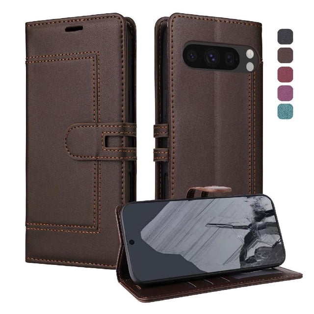 Étui Portefeuille Premium pour Google Pixel 8 Pro avec Fentes pour Cartes et Support, Couverture à Rabat Brun