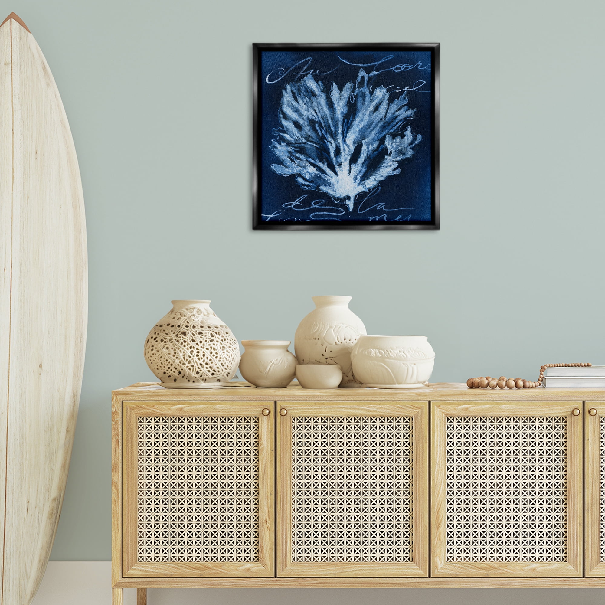 Stupell Industries Vintage Cursive Coral Coastal Painting Black Floater Framed Canvas Art Print Wall Art, 25 x 25