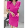 thumbnail image 2 of VONDA Summer Mini Dress 2024 Women Short Puff Sleeve Party Sundress V Neck Fashion Casual Loose Solid Zipper Short Vestidos, 2 of 5