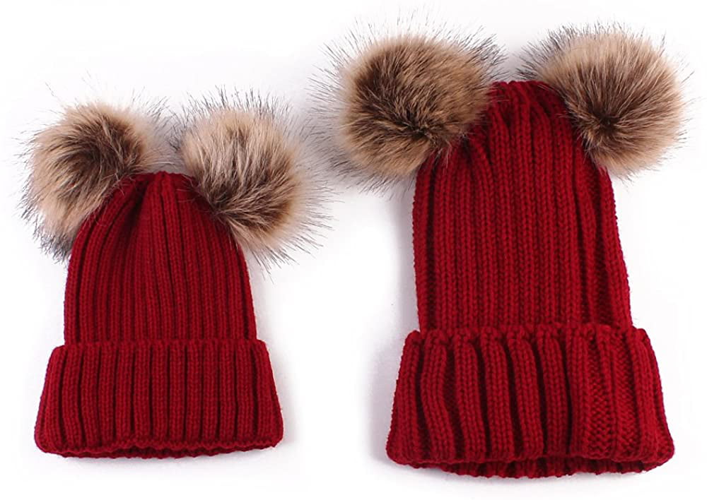 2Pcs Mother & Baby Kid Parent-child Warm Winter Knit Beanie Fur Hat Crochet Caps