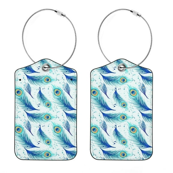 Luggage Tag, Travel Tags, Handbag Tag - Square PU Leather 2 Pack with Privacy Cover and Stainless Steel Ring - Suitable for Travel, Backpack, Handbag [Amazon Approved] Peacock Feathers