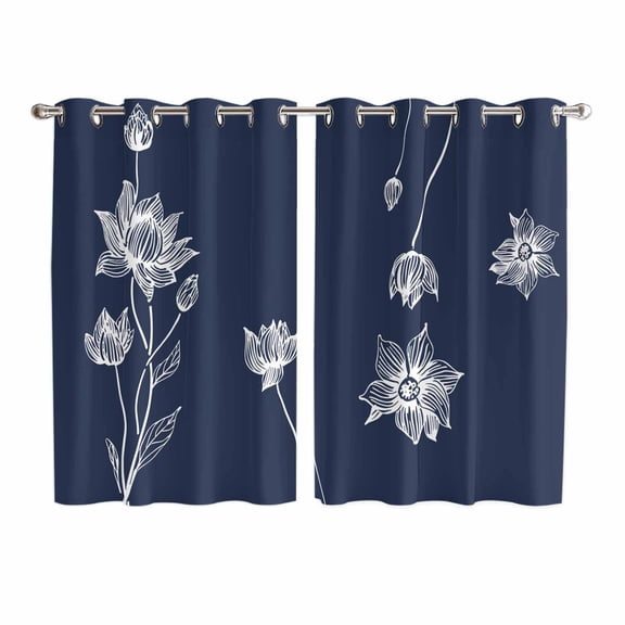 Navy Blue White Floral Kitchen Curtains 63 Inch Length, Abstract Art Summer Botanical Grommet Top Bedroom Living Room Curtains, Light Filtering Cafe Curtain Drapes 2 Panels Set 104''x63''