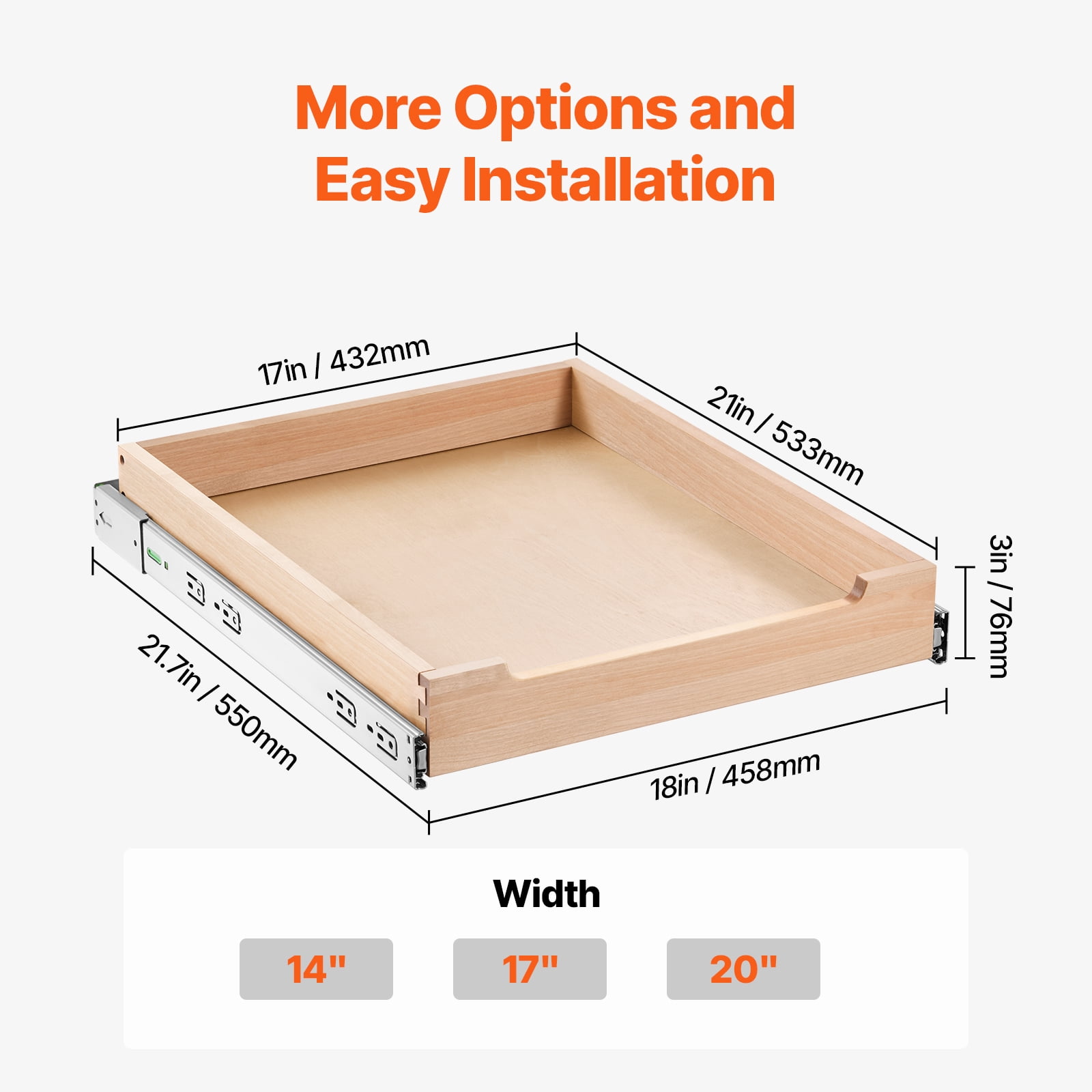 VEVOR Pull Out Cabinet Organizer, 17"W x 21"D Cabinet Drawer, Soft Close Slide out Shelf, Heavy-Duty Sliding Wood Drawer, Bottom and Side Assembly Base Cabinet Organization, Kitchen Pantry Bathroom