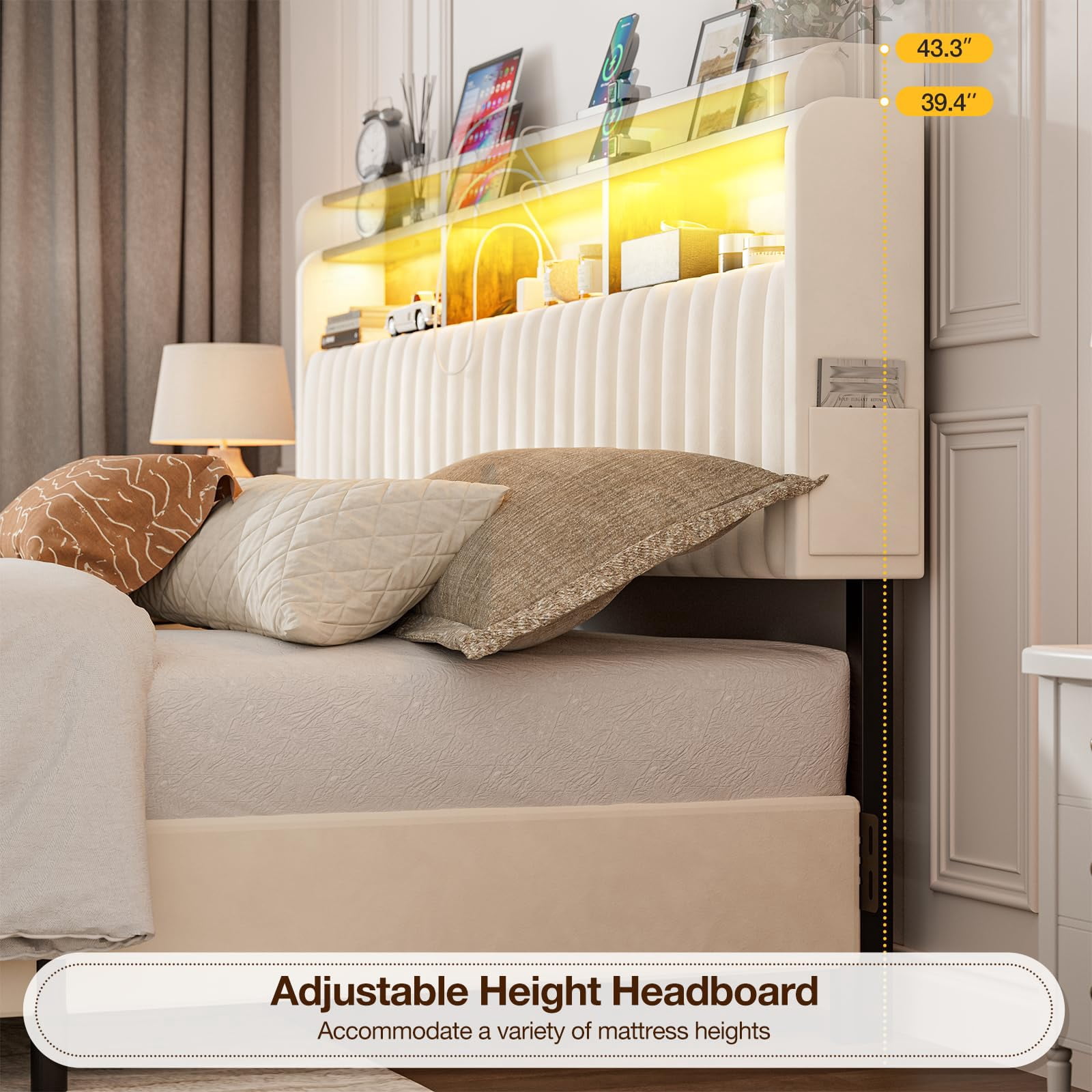 ARICOEASY King Size Headboard Modern Velvet Upholstered Headboard with Storage Shelf, LED Lights & USB Charging Station, Adjustable Height Freestanding Bed Headboard Only, White