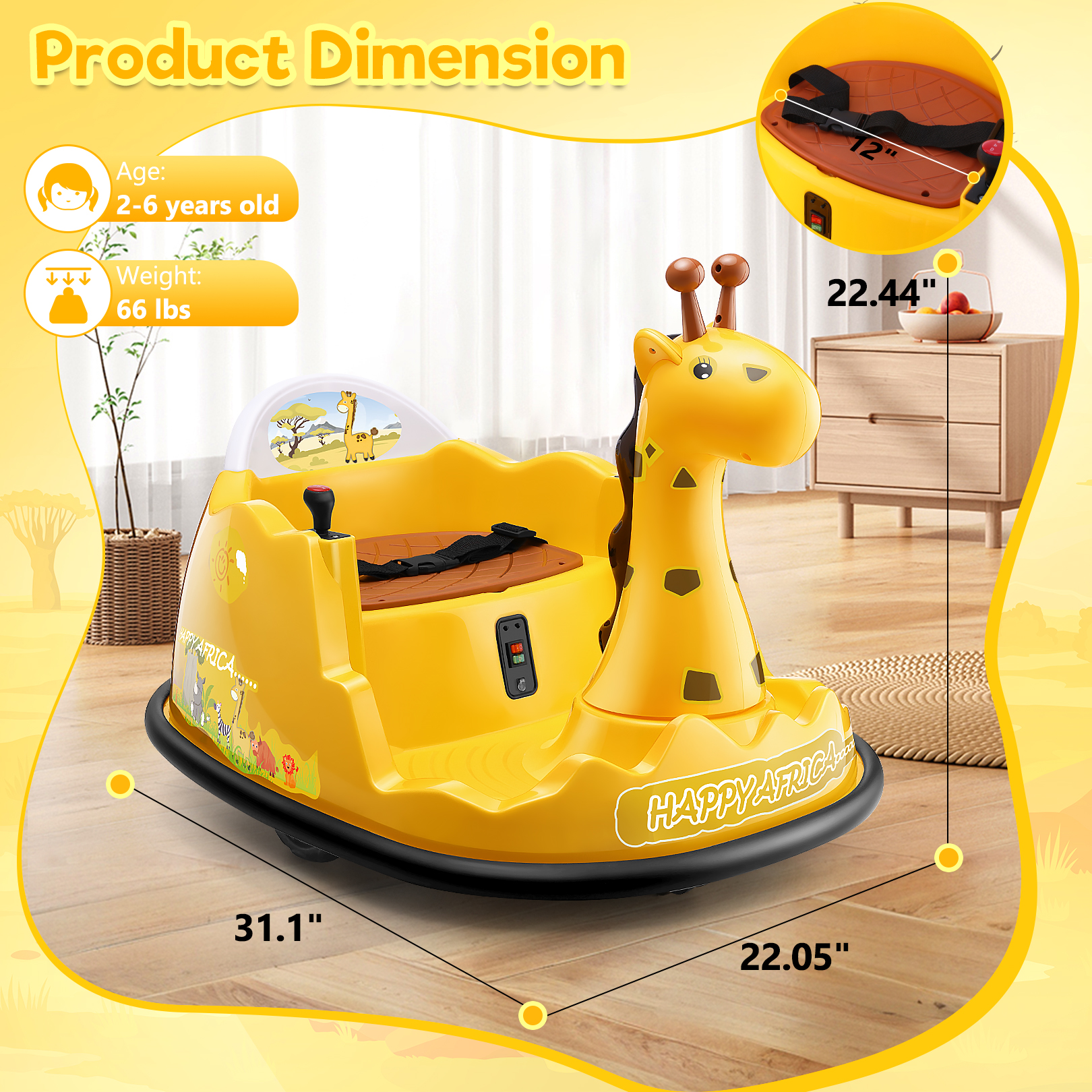 Funcid 12V Electric Giraffe Bumper Car for Toddler, Baby Bumper Car with Remote Control, Kids Ride on Toy for Boys Girls 2+, 360° Spin, LED Lights, Music, Yellow