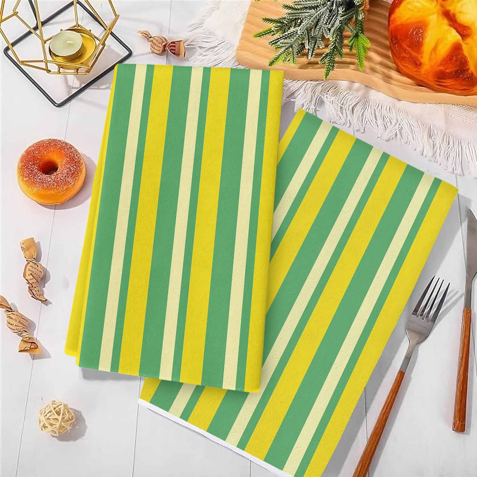 Dish Towels, Lemon Yellow Green Stripes Absorbent Kitchen Towels 2 PCS, Vertical Striped Microfiber Hand Towels Dish Cloths Tea Towels for Home&nbsp;Bathroom Cleaning Drying,18X28-Inch,