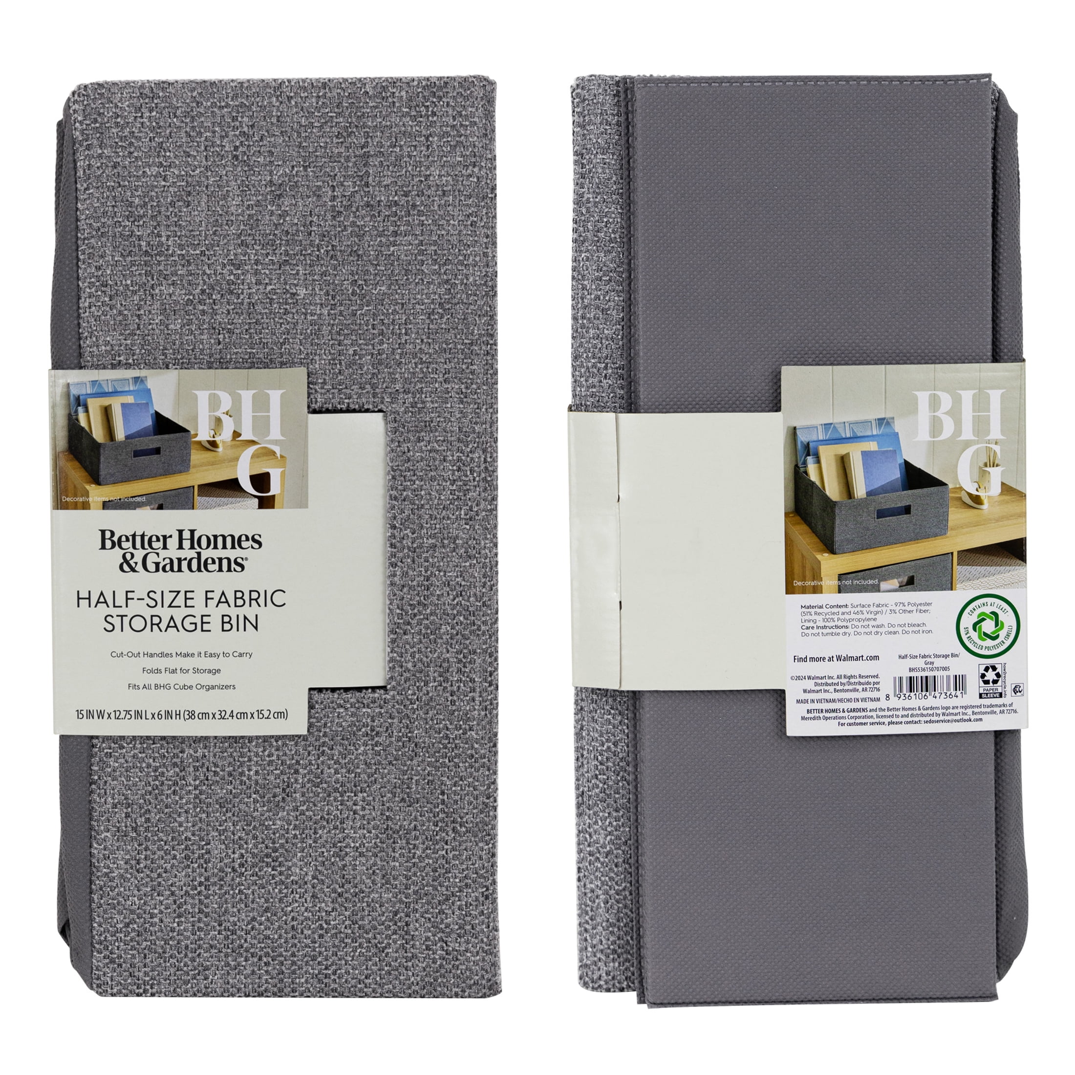 Better Homes & Gardens Half-Size Fabric Storage Bin, Gray Textured