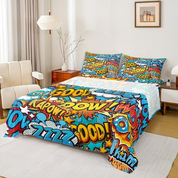 Feelyou Cartoon Art Twin Sheet Sets for Teens, Vintage Hip Hop Graffiti Twin Fitted Sheet, Game Boy Flat Sheet, Ultra Soft Bedroom Decor, 3 Pieces