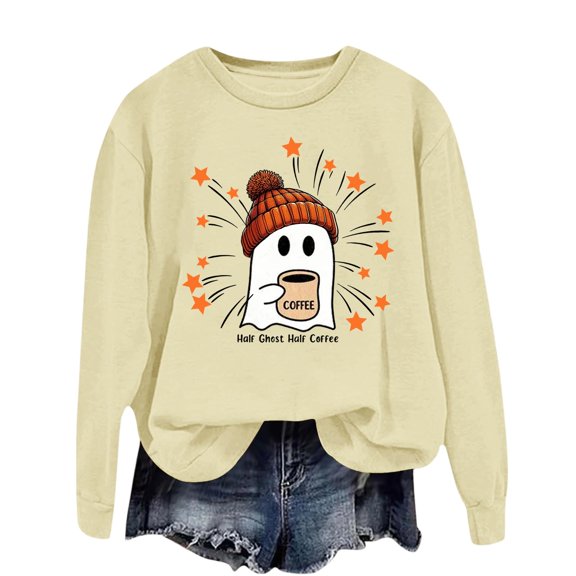 Womens Sweatshirts Halloween Workout Tops for Women Crew Neck Baggy Shirts Lightweight Casual Shirts for Women Pullover Cute Tops Casual Tops for Women,Beige,L