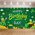 thumbnail image 6 of Green Themed Happy Birthday Banner with Leprechaun Clover Gold Elements Party Decoration Backdrop for Birthday Party Celebrations Photography Props Decorations, 6 of 8