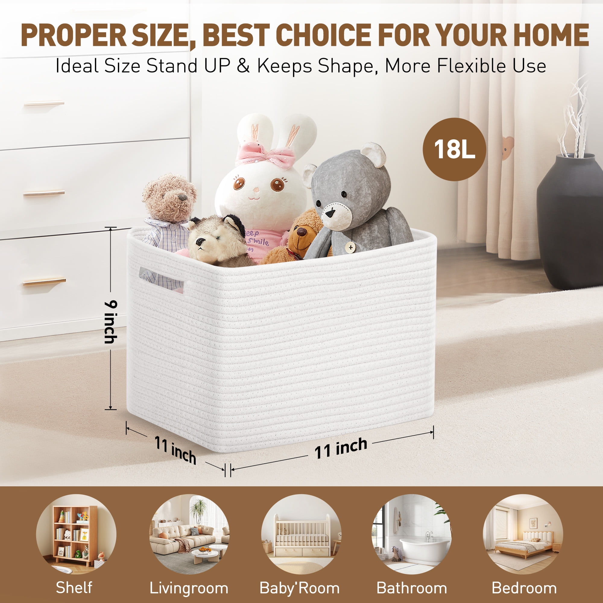 XUEYU 3 Pack Woven Baskets , 11”x11”x9” Cotton Rope Baskets, 18L Blanket Baskets for Storage, Cube Bin Square Shelves Organizer, Toy Basket or Storage Bins for Living Room, Baby Nursery(White)