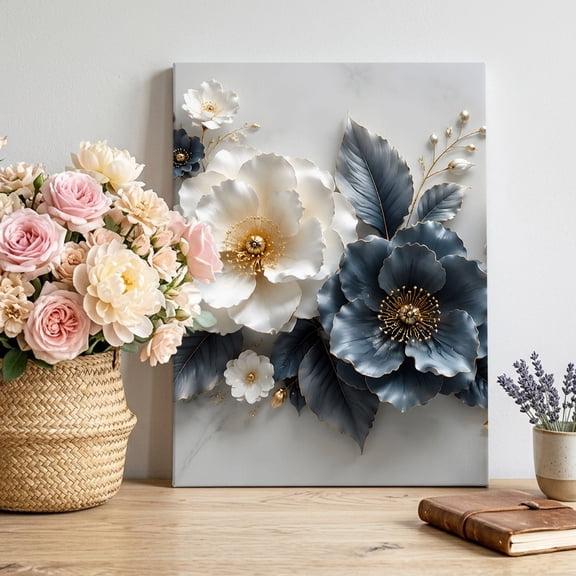 Blue White Floral Canvas Wall Art, Rustic Vintage Gold Flower Heavy Impasto Texture Framed Picture Canvas Wall Art Print Decor Artwork Decorations for Living Room Bedroom Ready to Hang 28" x 22"